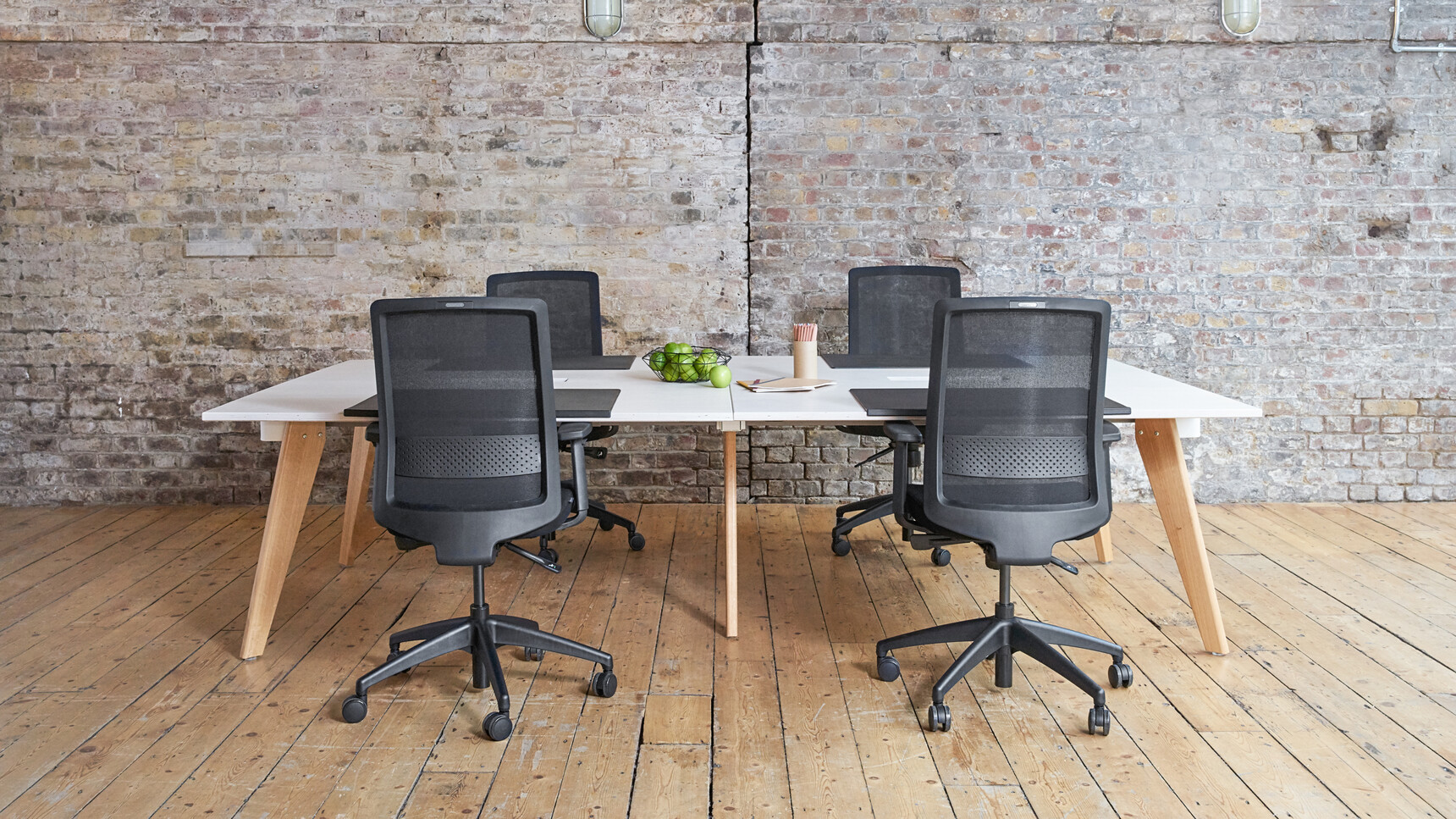 Four Workstories S30 Mesh Back Office Chairs Black Upholstery Finish At Desks With White Finish Wood Legs
