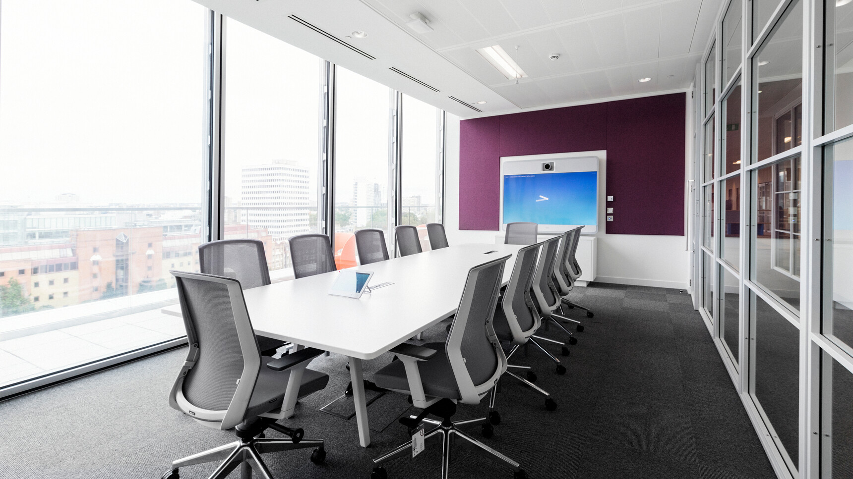 Twelve Workstories J1 Mesh Back Office Chairs Polished Base Grey Upholstery At Meeting Desk