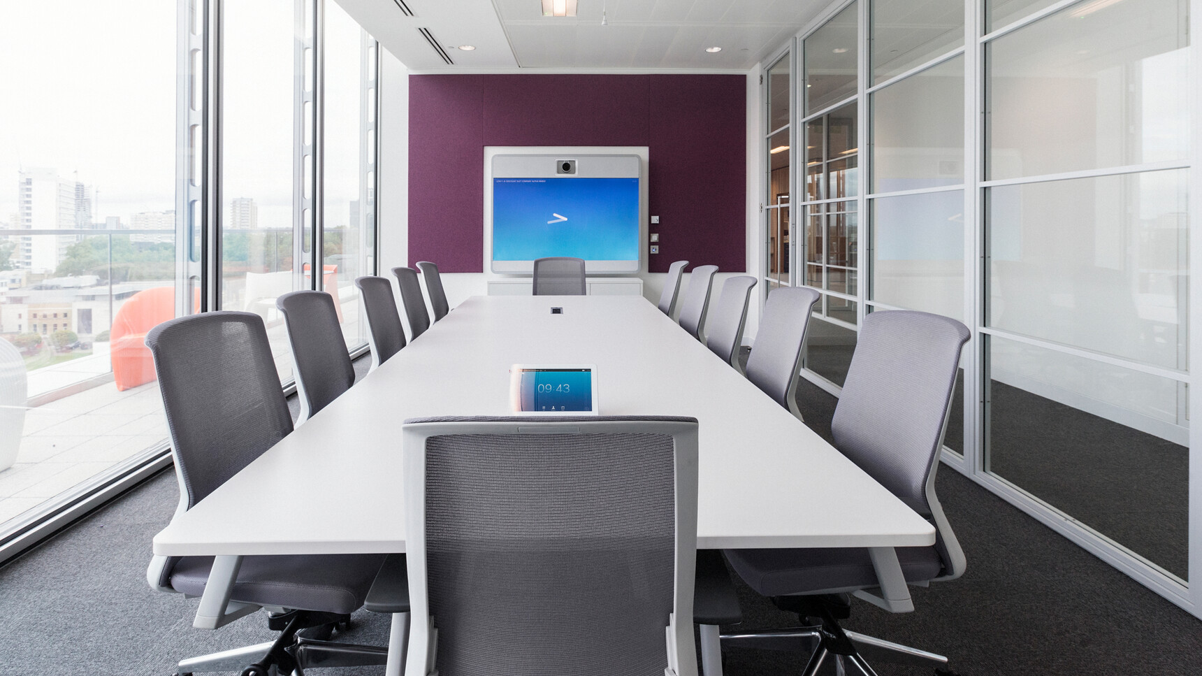 Twelve Workstories J1 Mesh Back Office Chairs Polished Base Grey Upholstery At Meeting Desk White Finish