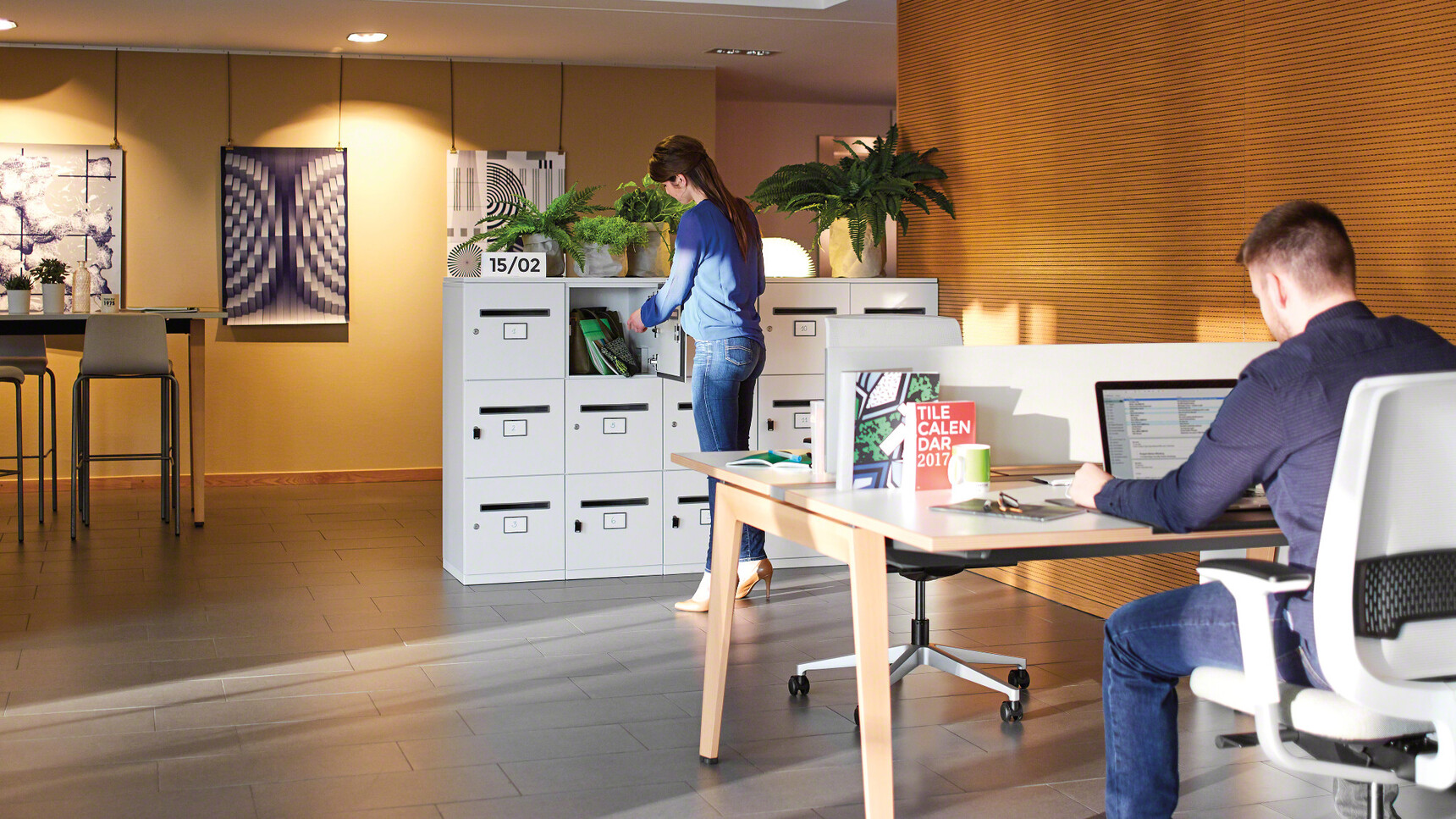 Steelcase B-Free Back to Back Desk With  Wood Frame  And White Table Top And  White Fabric And Two White Reply Air Mesh Back Office Chair In Office Environment