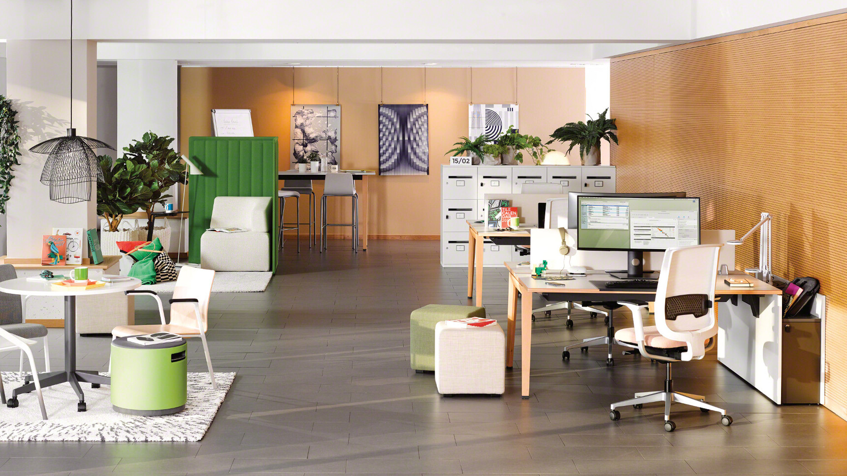 Steelcase Two B-Free Back to Back Desks With  Wood Frame  And White Table Top And  White Fabric And Four White Reply Air Mesh Back Office Chair In Office Environment