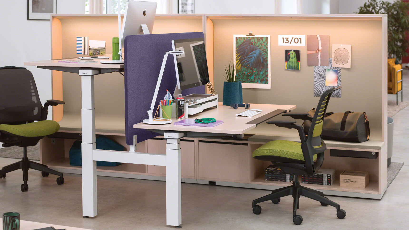 Steelcase Ology Height Adjustable Bench Desk with Active Touch White Leg Wood Top Purple Privacy Screens Two Green Upholstered Series One At Desk
