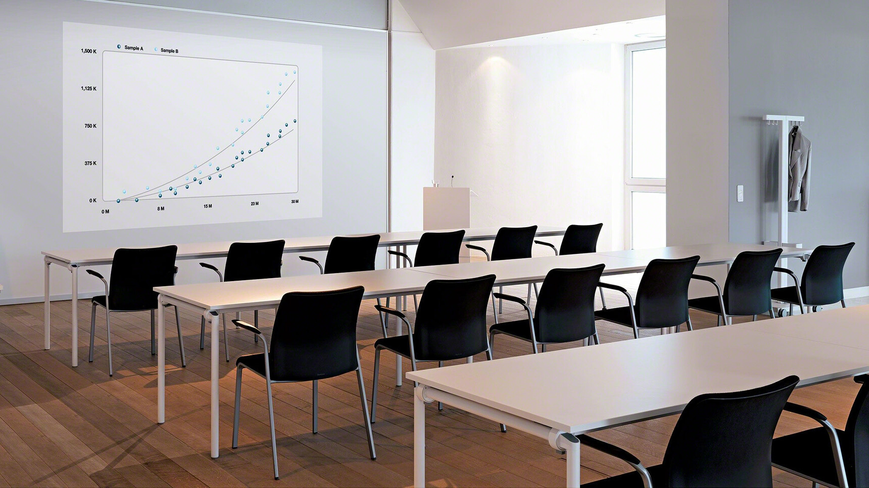 Fourteen Steelcase Eastside Four Leg Base Meeting Chairs With Black Upholstered Backrest Black Fixed Arms And Black Seats At Three Conference Tables