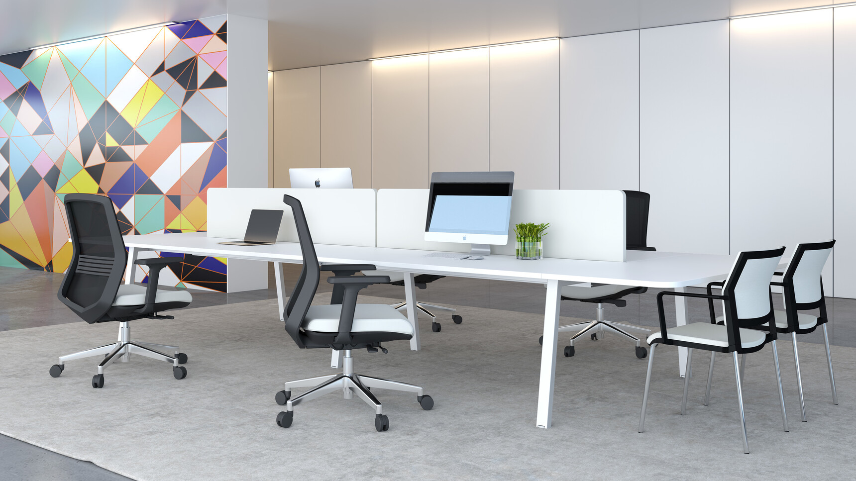 Four Elite Vida Mesh Back Chair With Black White Upholstery White Contrasting Side Panel Polished Aluminium At Reflex Rectangular Desk White Finish