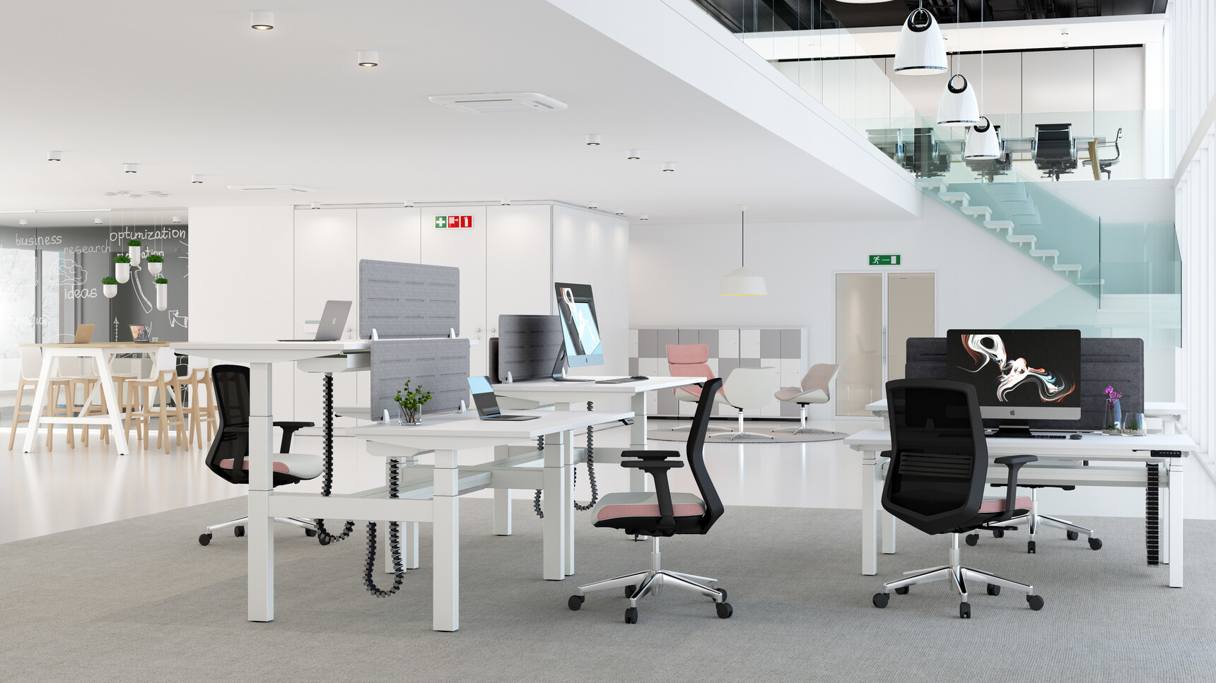 Four Elite Vida Mesh Back Office Chairs Pink Upholstery At Height Adjustable Desks