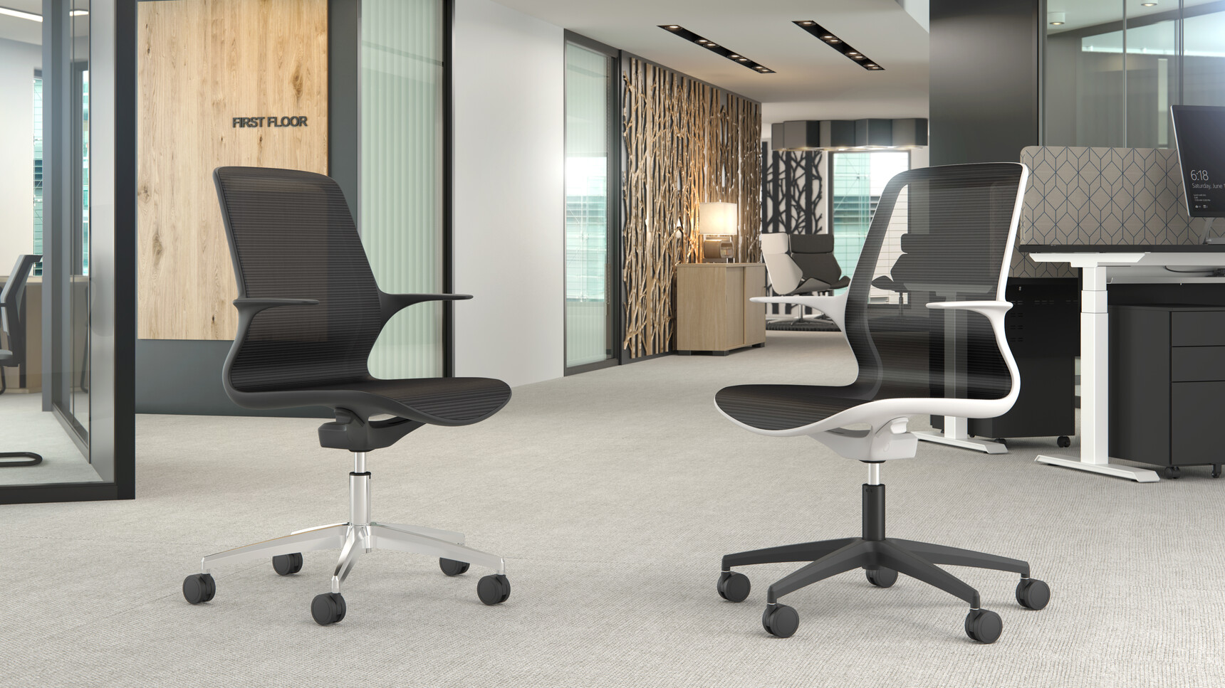 Two Elite Tempo Mesh Five Star Base Office Chairs One With White Frame And Black Mesh Back And Black Five Star Base On Castors And One With Black Frame Mesh Back And Polished Aluminium Base